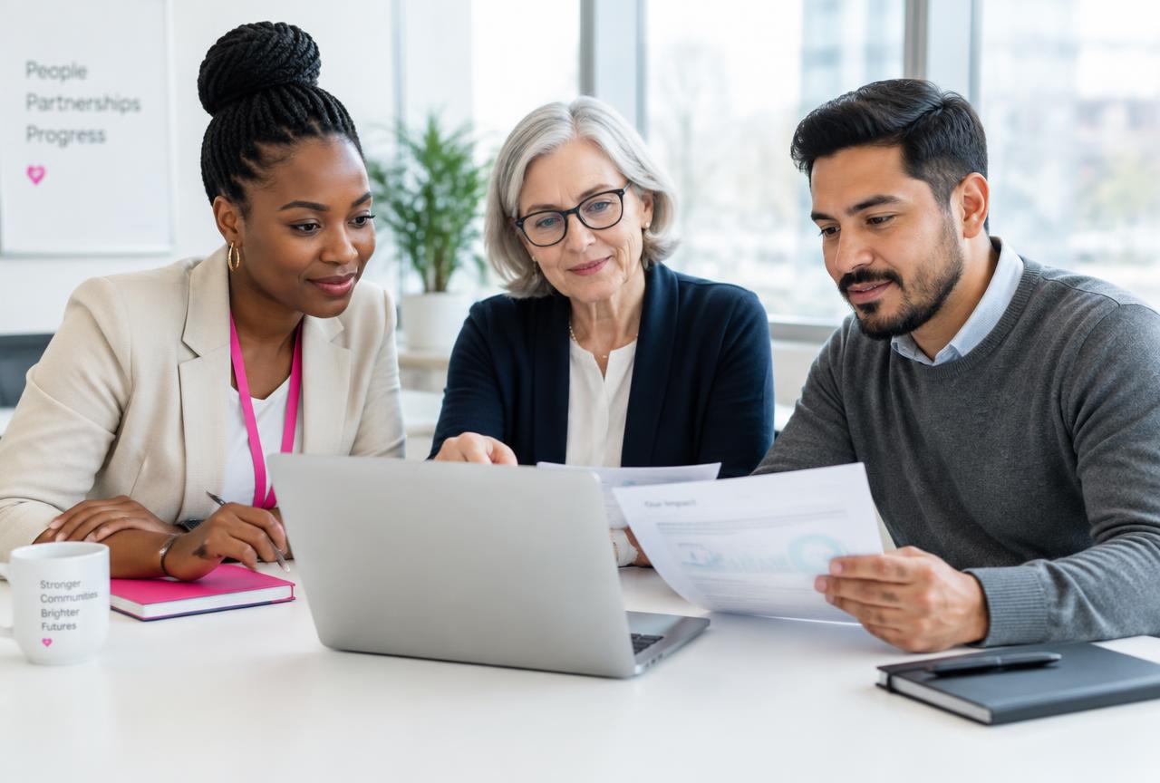 Nonprofit leadership team reviewing filing documents together at a conference table