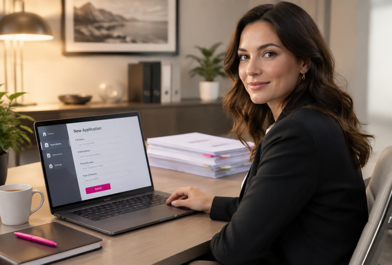 A professional completing the e-Postcard filing on a laptop